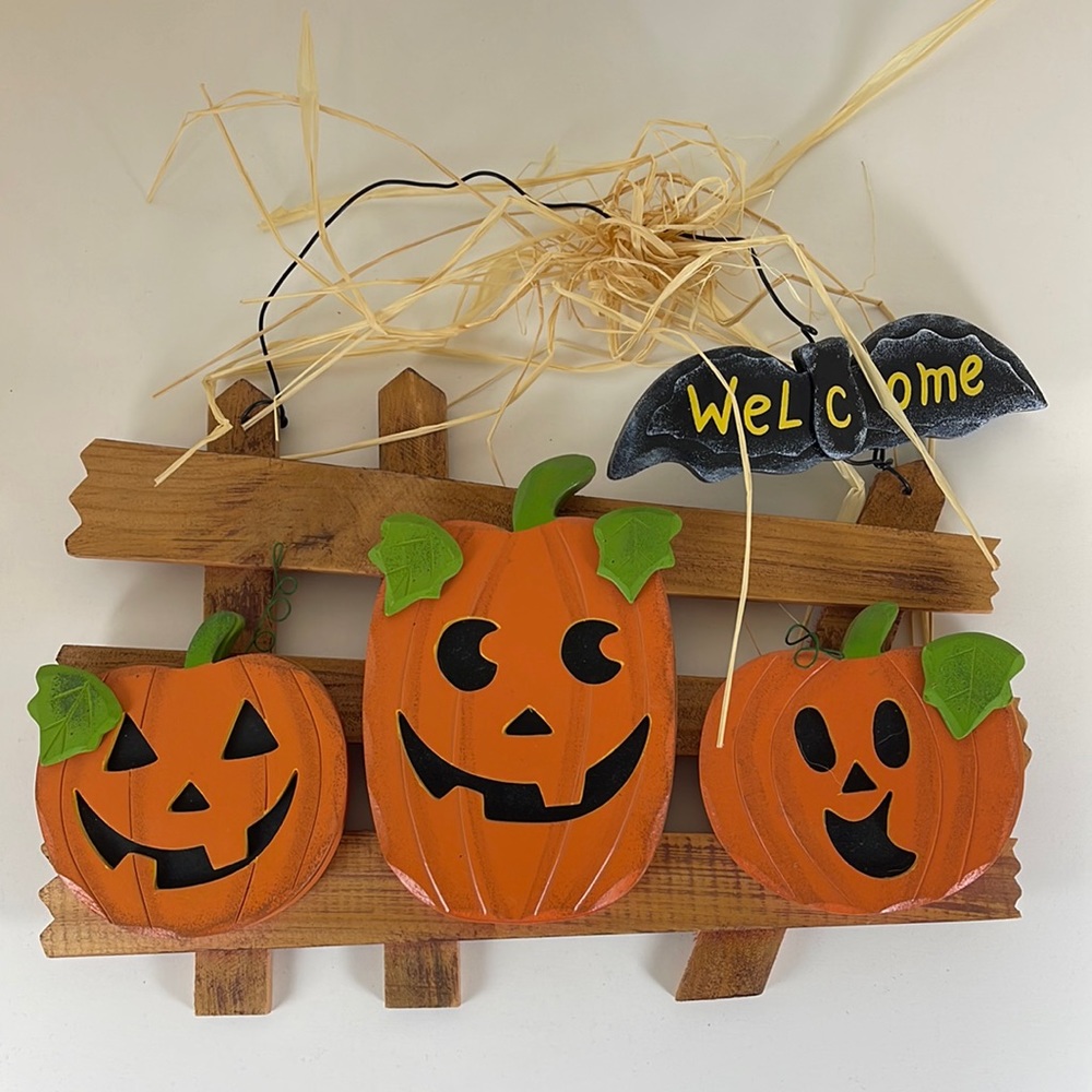 Pumpkin and Bat Wood Welcome Door Hanger